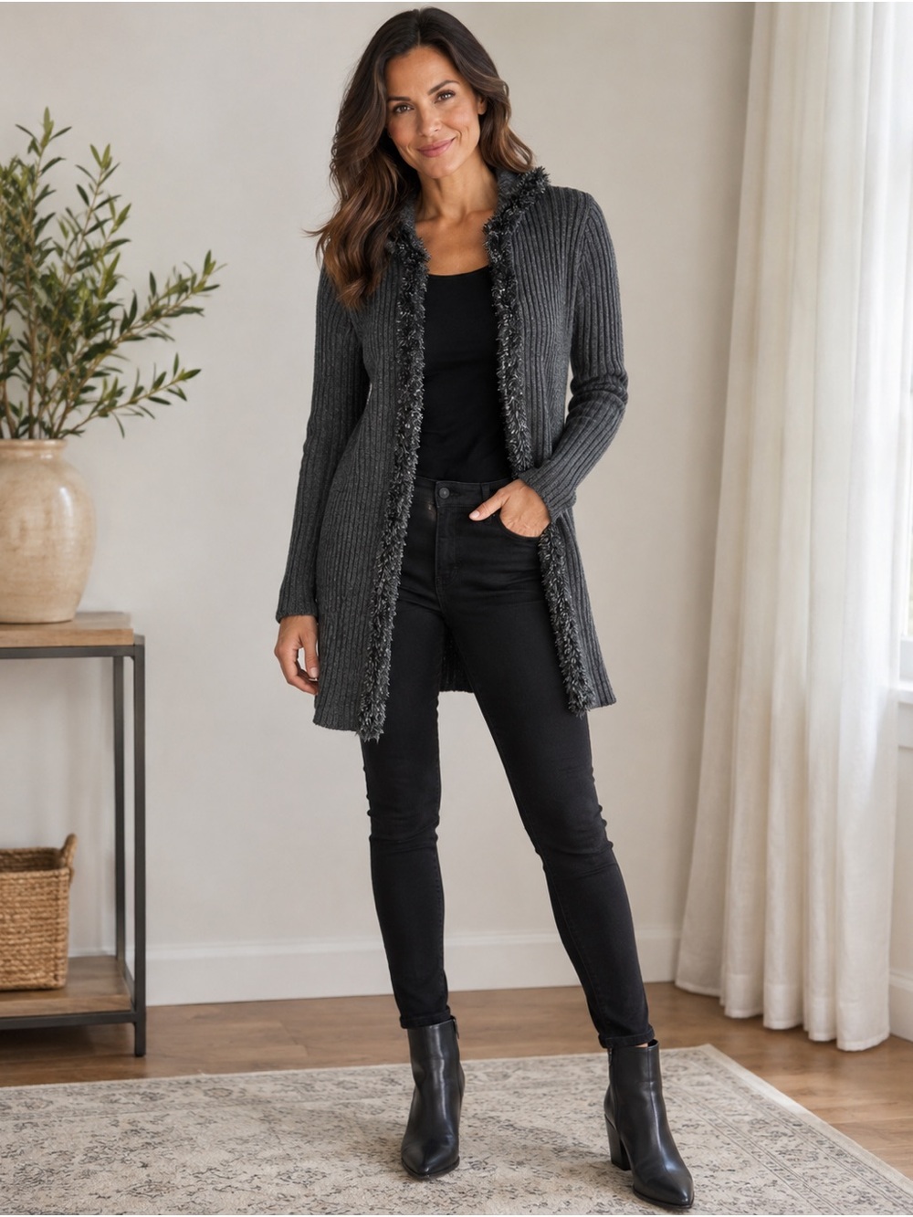 52 Weekends Ribbed Open-Front Cardigan - Charcoal